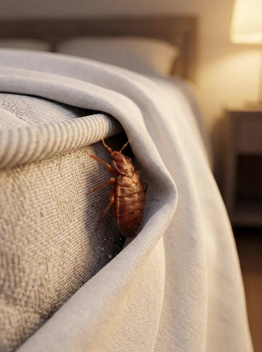 Bed bug hiding in a mattress seam