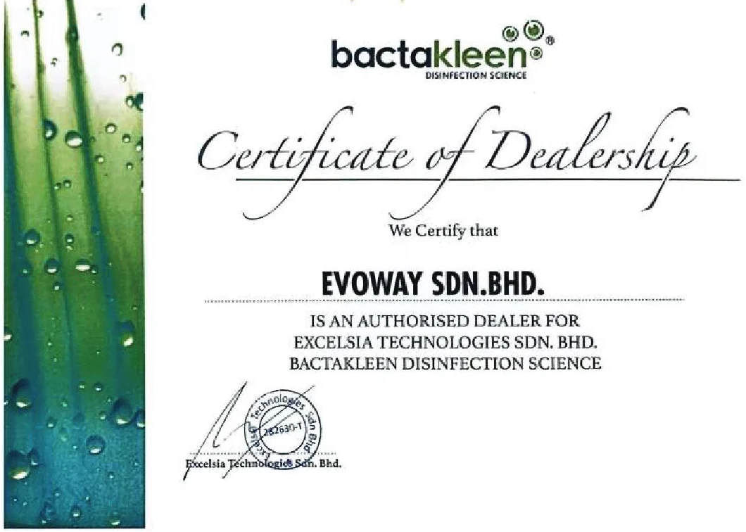 Authorised Dealer certificate, Bactakleen Disinfection Science