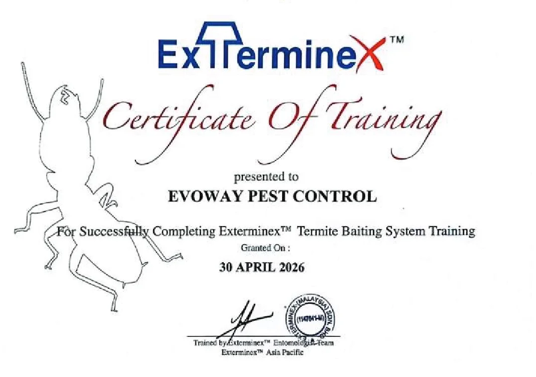 Termite Baiting System Training certificate, ExTermineX Asia Pacific