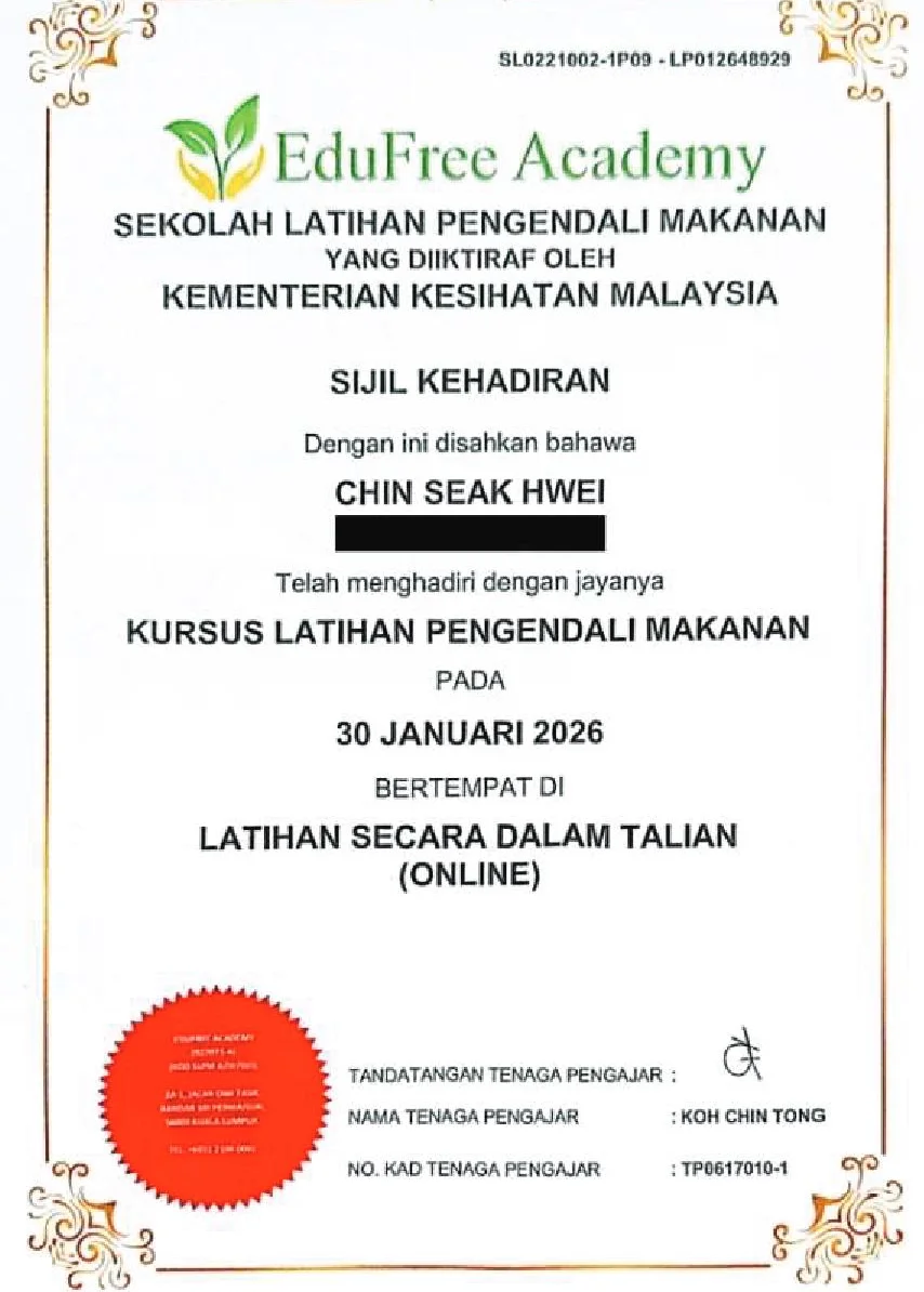 Food Handler Training certificate, EduFree Academy, recognised by the Ministry of Health