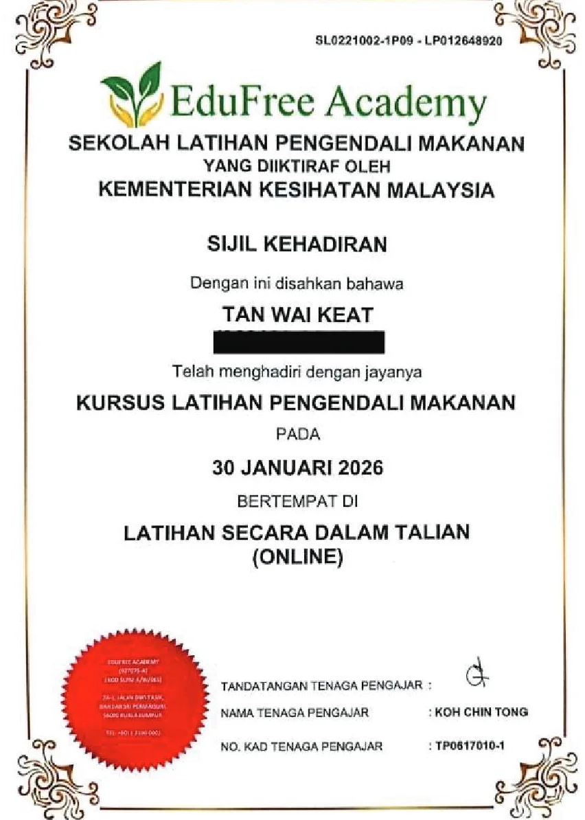 Food Handler Training certificate, EduFree Academy, recognised by the Ministry of Health