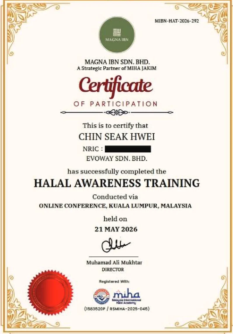 Halal Awareness Training certificate, Magna IBN, strategic partner of MIHA JAKIM
