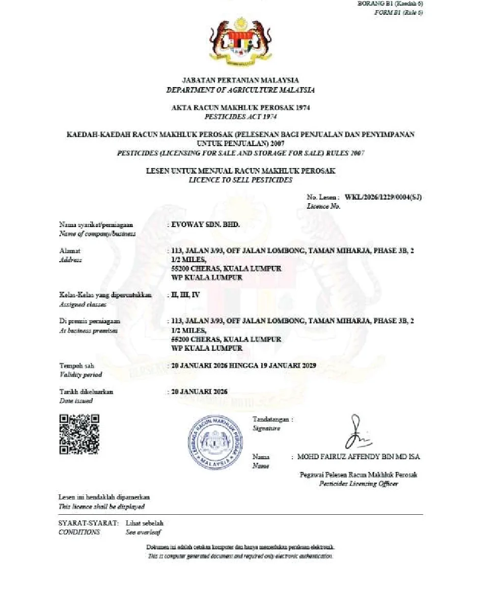 Licence to Sell Pesticides certificate, Department of Agriculture Malaysia