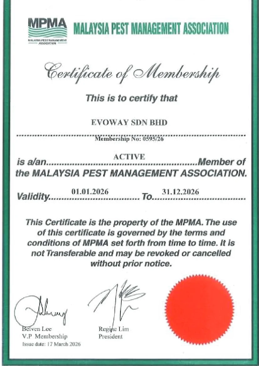 MPMA Membership 2026 certificate, Malaysia Pest Management Association