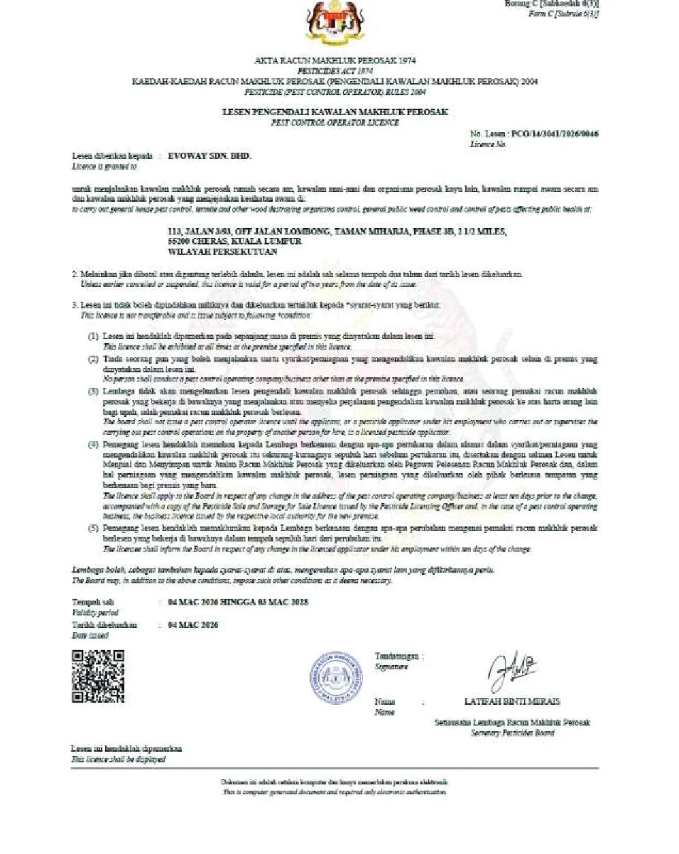 Pest Control Operator Licence certificate, Pesticides Board Malaysia
