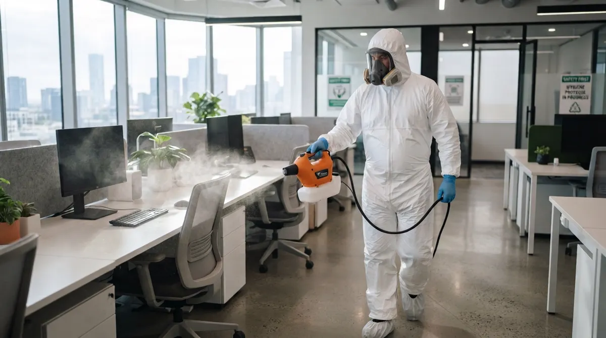 Technician disinfecting an office