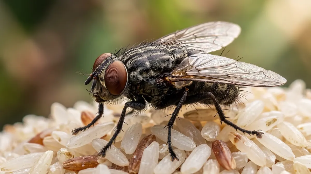House fly on rice grains