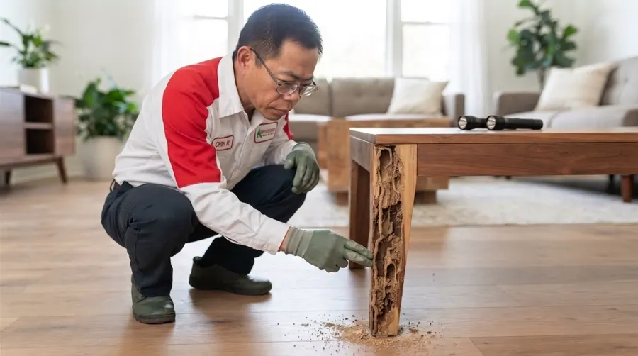 Technician inspecting termite-damaged furniture