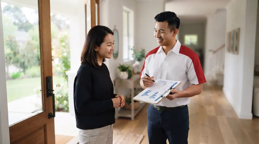 Technician going through a service report with a customer